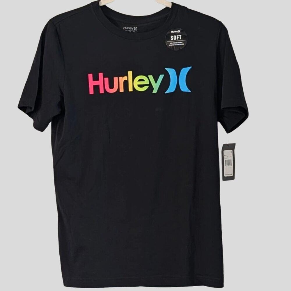Hurley Black Rainbow Logo T-Shirt NWT Boys XL Surf Skate Soft Tee